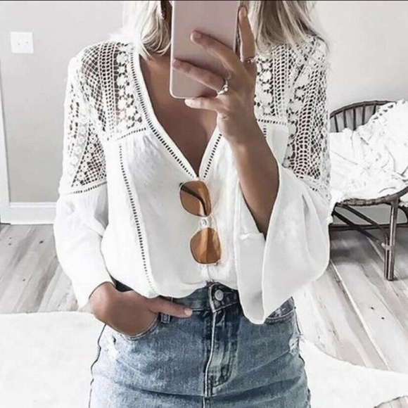 Figleaffashion Tops - Bohemian White Lace 3/4 Sleeve V-Neck Top Blouse
